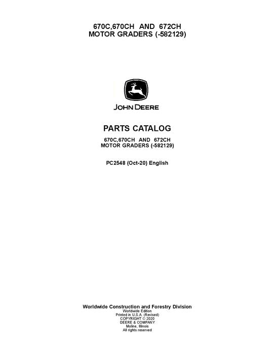 JOHN DEERE 670C 670CH 672CH MOTOR GRADER PARTS CATALOG MANUAL