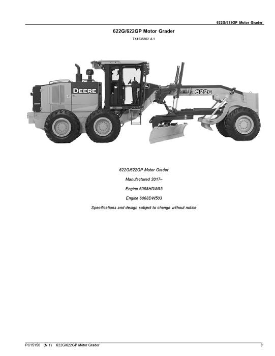 JOHN DEERE 622G 622GP MOTOR GRADER PARTS CATALOG MANUAL