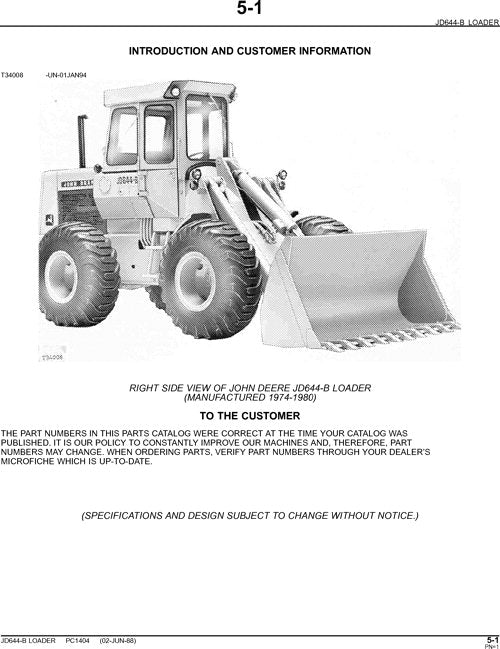 JOHN DEERE 644B LOADER PARTS CATALOG MANUAL #1