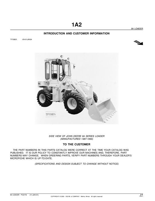 JOHN DEERE 84 LOADER PARTS CATALOG MANUAL