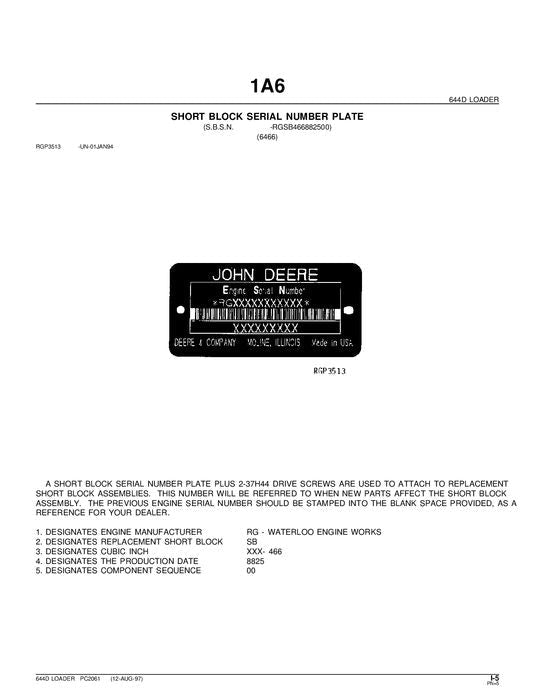 JOHN DEERE 644D LADER ERSATZTEILKATALOGHANDBUCH