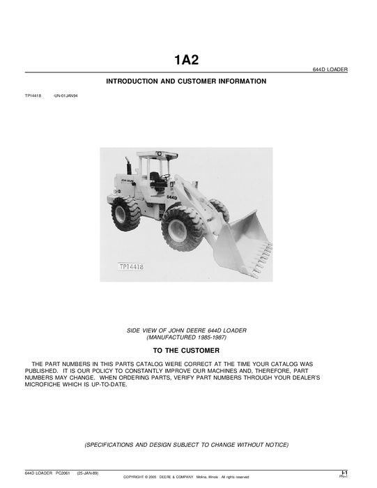 JOHN DEERE 644D LADER ERSATZTEILKATALOGHANDBUCH