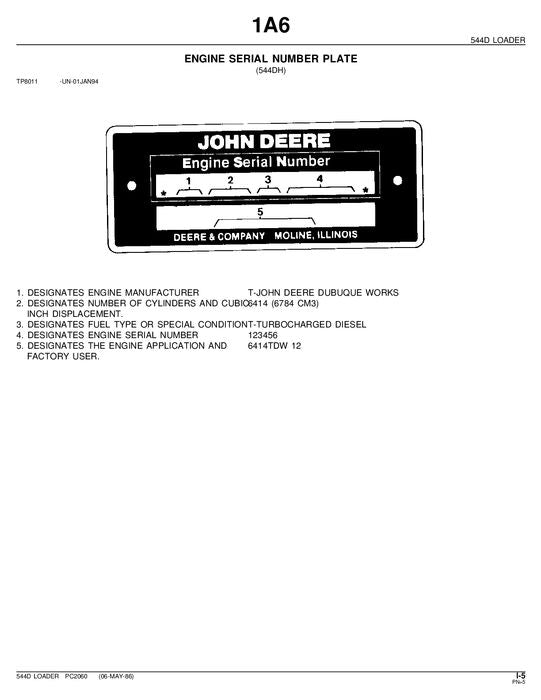 JOHN DEERE 544D LOADER PARTS CATALOG MANUAL