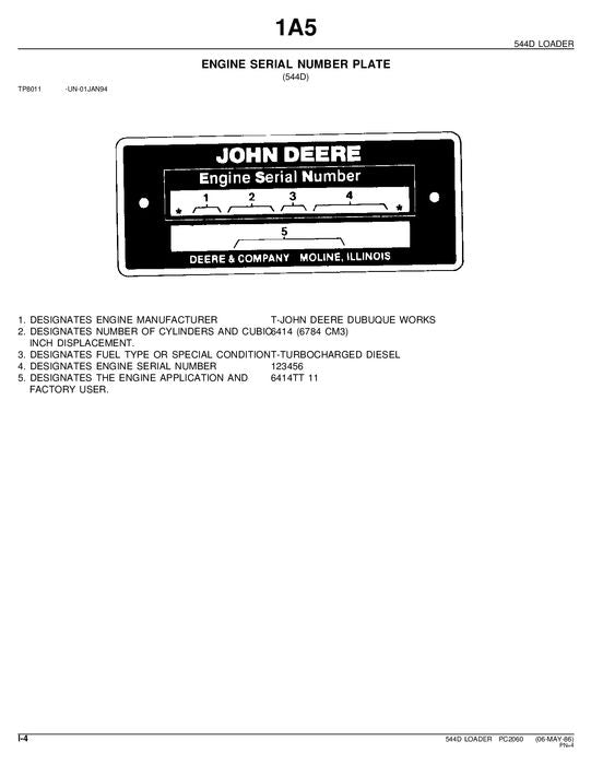 JOHN DEERE 544D LOADER PARTS CATALOG MANUAL