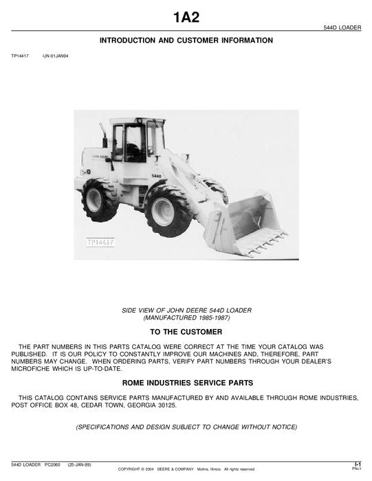 JOHN DEERE 544D LOADER PARTS CATALOG MANUAL