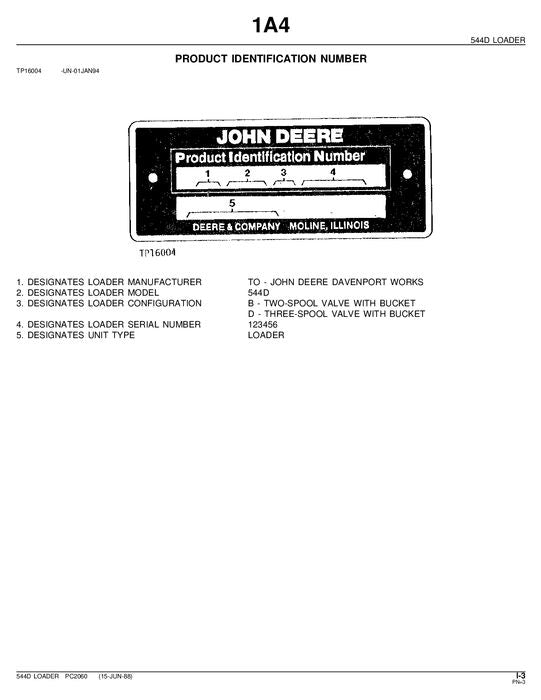 JOHN DEERE 544D LOADER PARTS CATALOG MANUAL