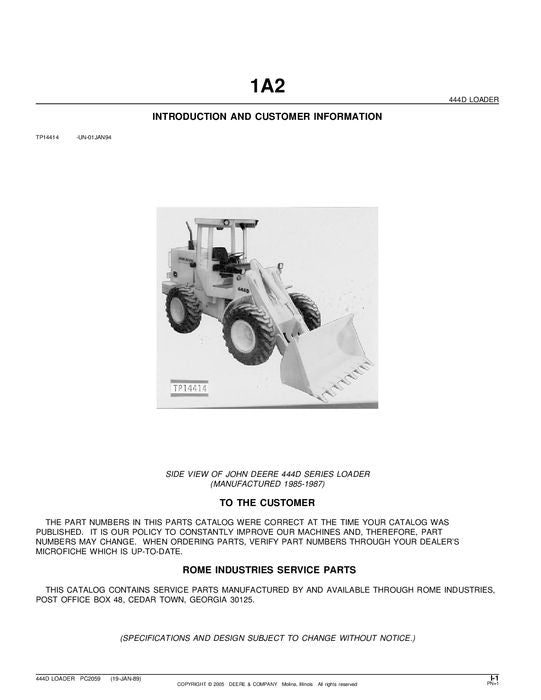 JOHN DEERE 444D LOADER PARTS CATALOG MANUAL