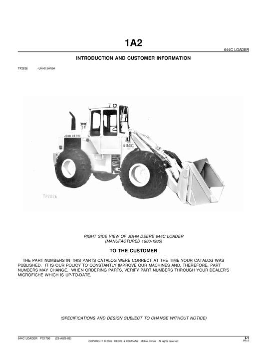 JOHN DEERE 644C LOADER PARTS CATALOG MANUAL