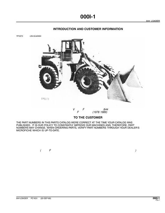 JOHN DEERE 844 LOADER PARTS CATALOG MANUAL