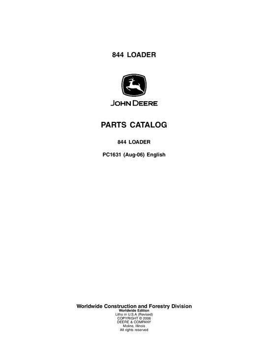 JOHN DEERE 844 LOADER PARTS CATALOG MANUAL