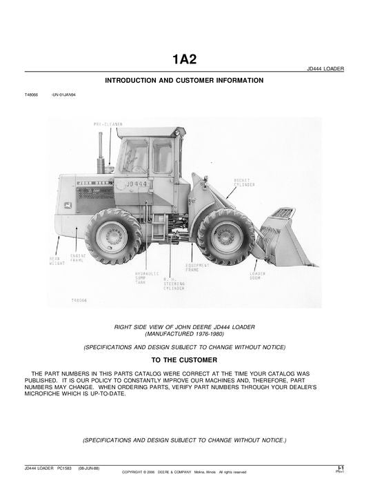 JOHN DEERE 444 LOADER PARTS CATALOG MANUAL