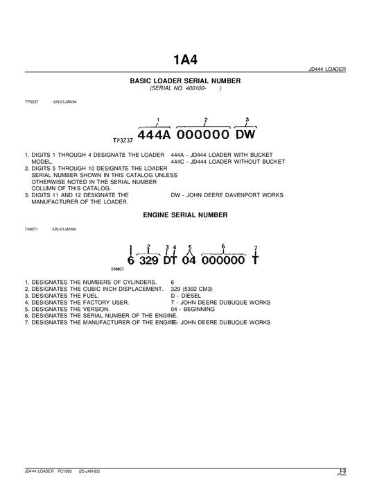 JOHN DEERE 444 LOADER PARTS CATALOG MANUAL