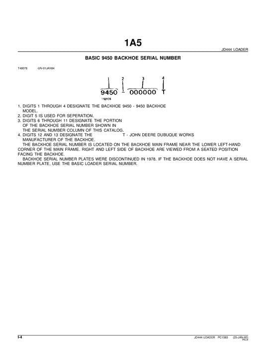 JOHN DEERE 444 LOADER PARTS CATALOG MANUAL