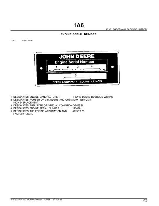 JOHN DEERE 401C BACKHOE LOADER PARTS CATALOG MANUAL