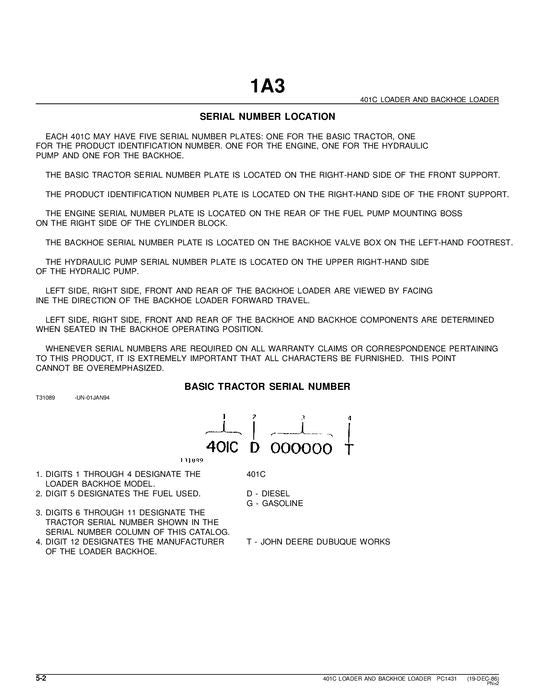 JOHN DEERE 401C BAGGERLADER - ERSATZTEILKATALOGHANDBUCH