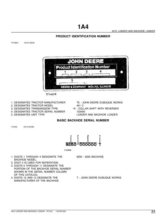 JOHN DEERE 401C BACKHOE LOADER PARTS CATALOG MANUAL