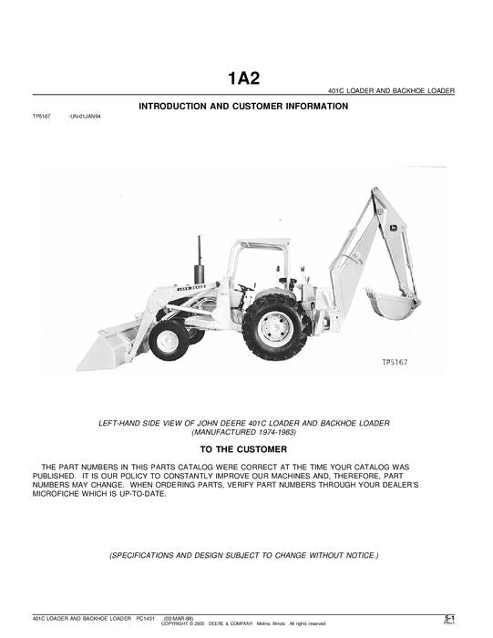 JOHN DEERE 401C BACKHOE LOADER PARTS CATALOG MANUAL