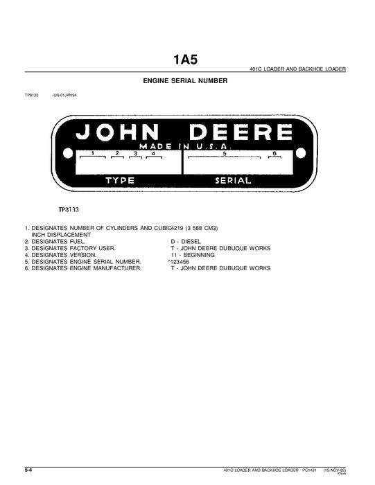 JOHN DEERE 401C BACKHOE LOADER PARTS CATALOG MANUAL