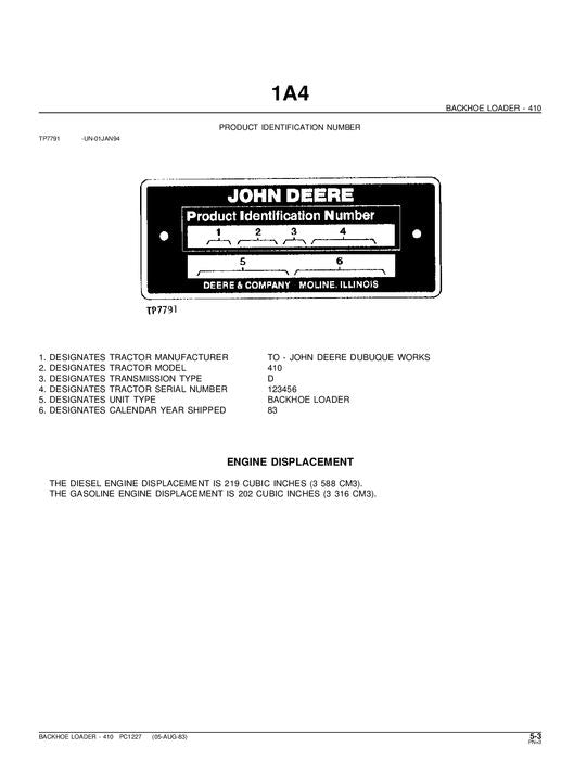 JOHN DEERE 410 BACKHOE LOADER PARTS CATALOG MANUAL