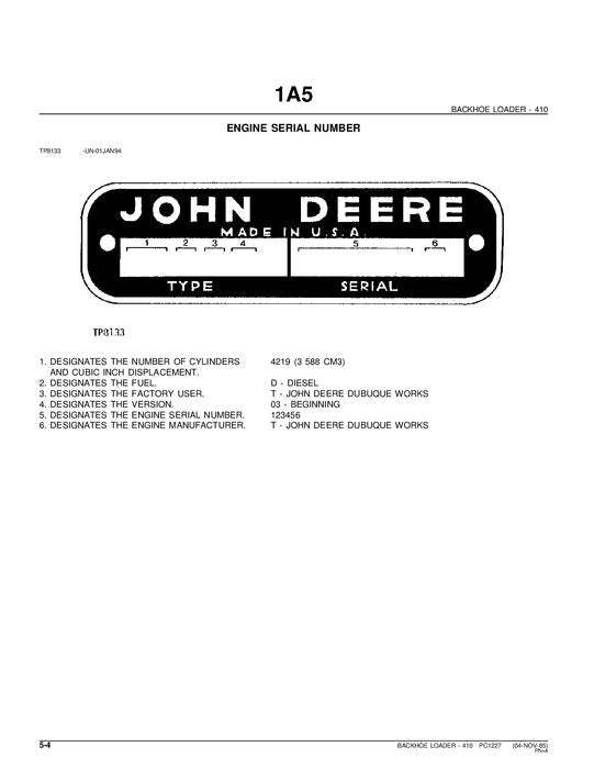 JOHN DEERE 410 BACKHOE LOADER PARTS CATALOG MANUAL