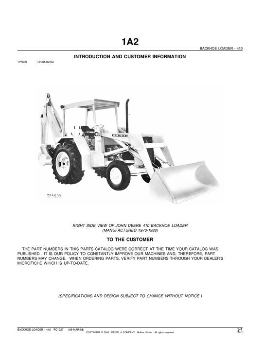 JOHN DEERE 410 BACKHOE LOADER PARTS CATALOG MANUAL