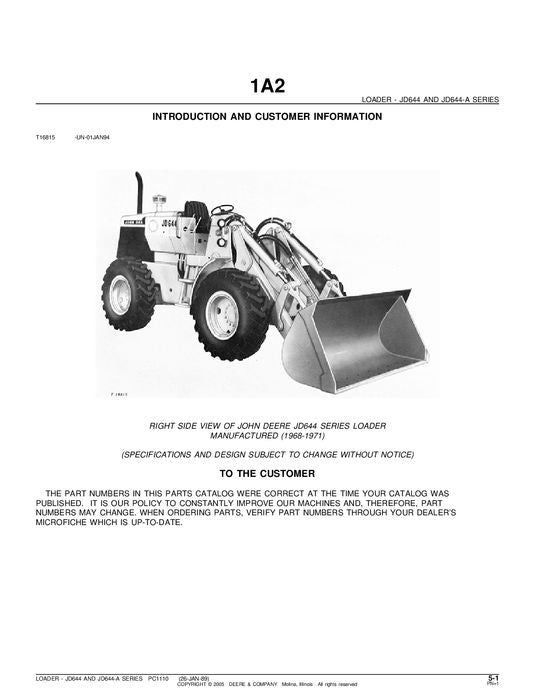 JOHN DEERE 644A 644 LOADER PARTS CATALOG MANUAL