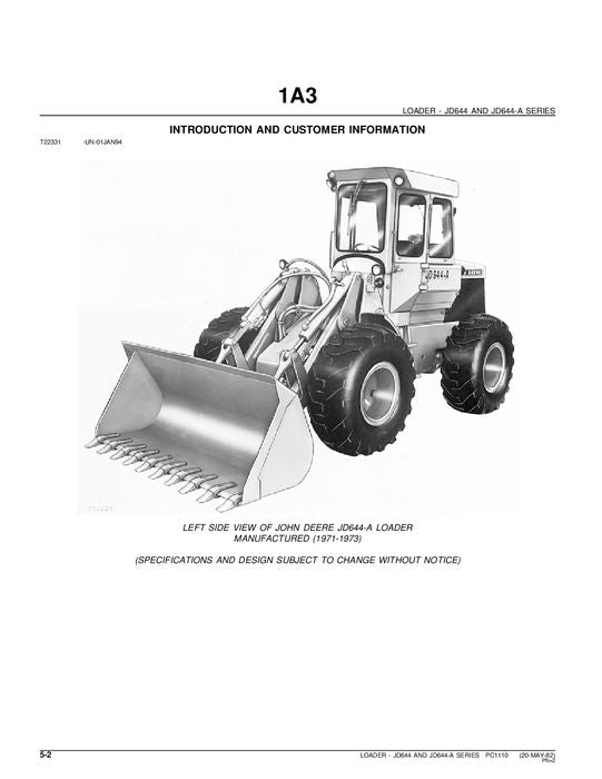 JOHN DEERE 644A 644 LOADER PARTS CATALOG MANUAL