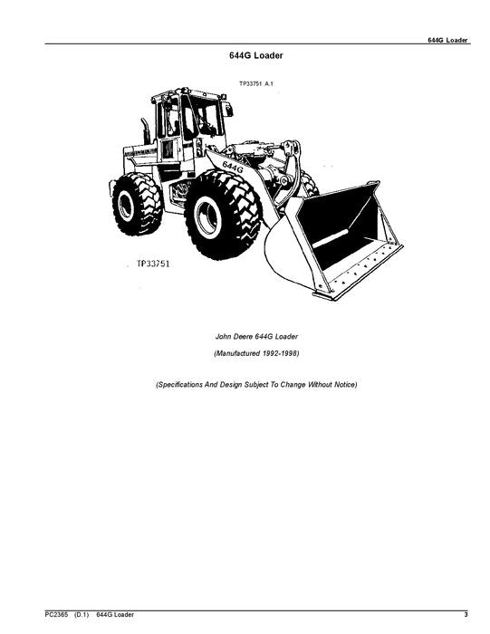 JOHN DEERE 644G LOADER PARTS CATALOG MANUAL