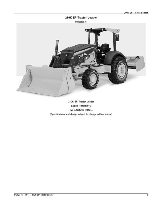 JOHN DEERE 210K LOADER PARTS CATALOG MANUAL