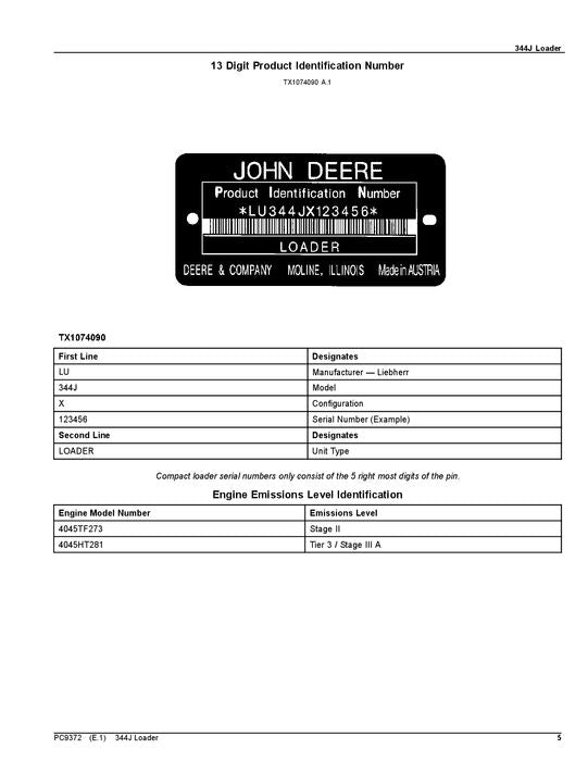 JOHN DEERE 344J LOADER PARTS CATALOG MANUAL