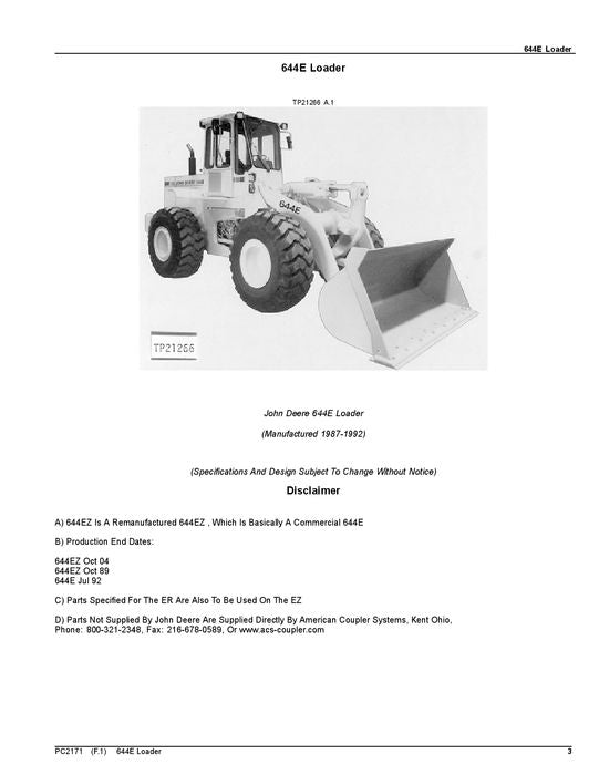 JOHN DEERE 644E 644ER LOADER PARTS CATALOG MANUAL