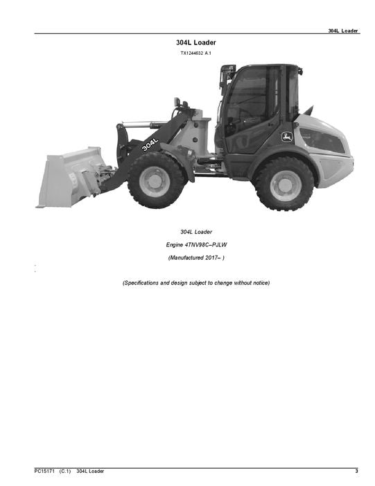 JOHN DEERE 304L LOADER PARTS CATALOG MANUAL