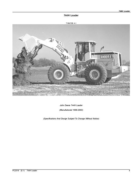 JOHN DEERE 744H LOADER PARTS CATALOG MANUAL