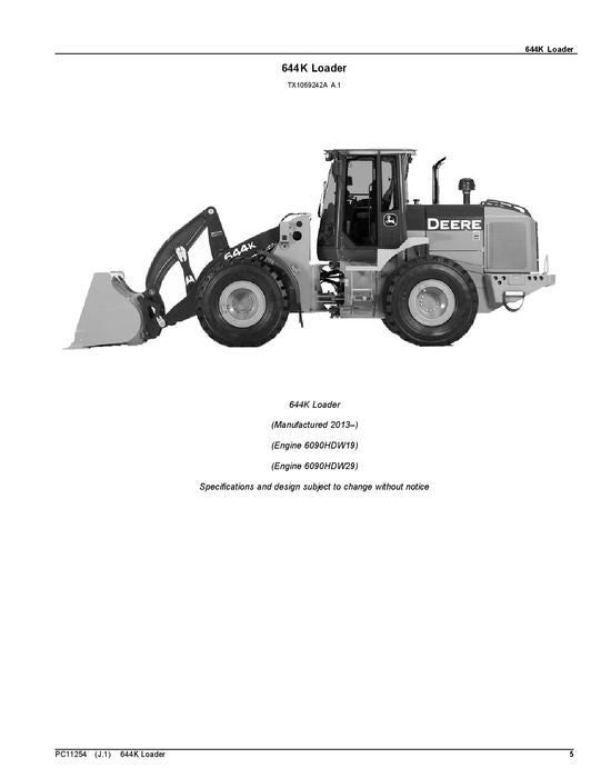 JOHN DEERE 644K  LOADER PARTS CATALOG MANUAL #1