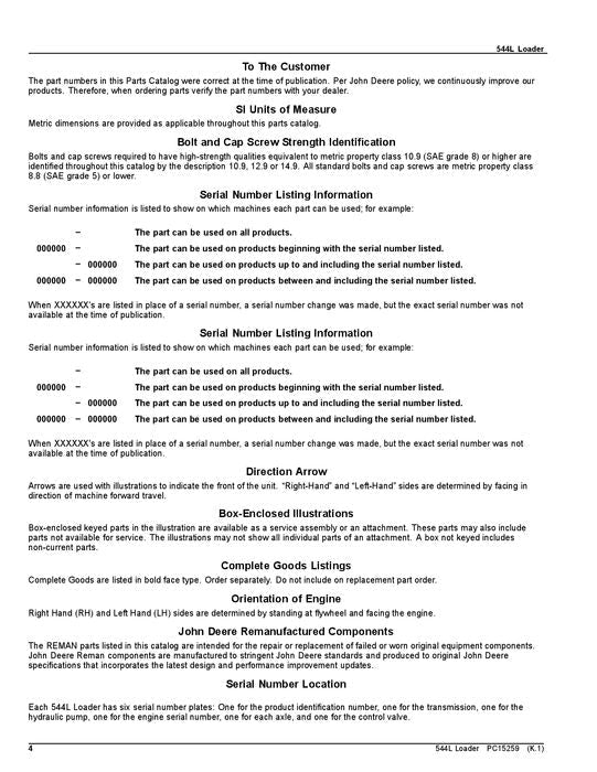 JOHN DEERE 544L LOADER PARTS CATALOG MANUAL