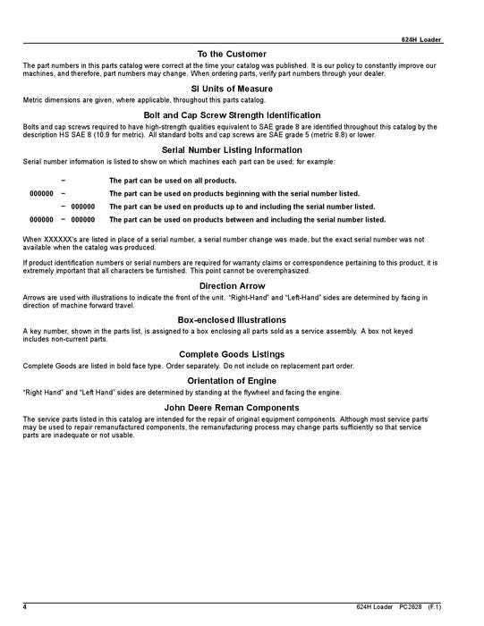 JOHN DEERE 624H TC62H 624H LL LOADER PARTS CATALOG MANUAL