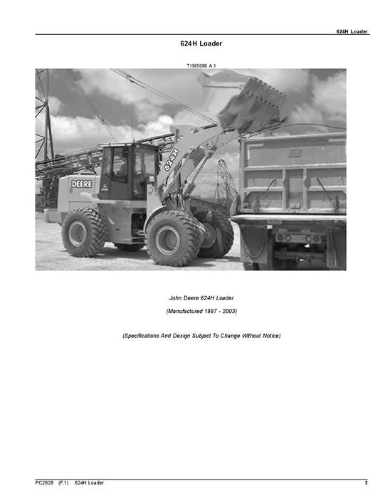 JOHN DEERE 624H TC62H 624H LL LOADER PARTS CATALOG MANUAL