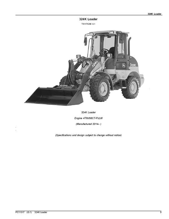 JOHN DEERE 324K LOADER PARTS CATALOG MANUAL