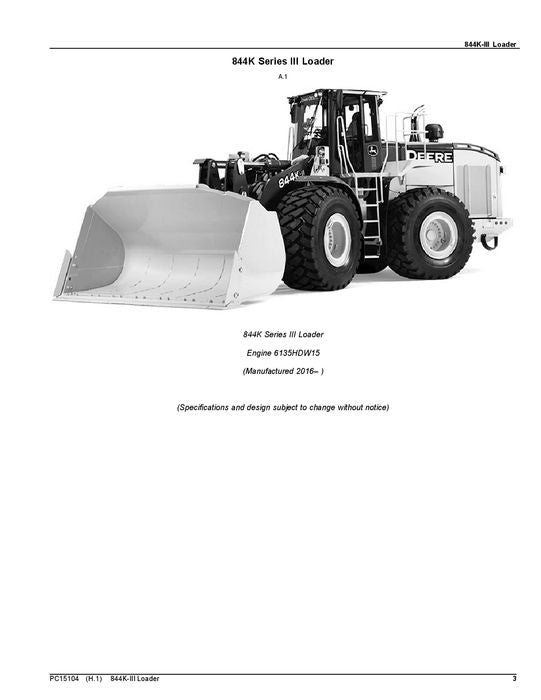 JOHN DEERE 844K SERIES III AH LOADER PARTS CATALOG MANUAL