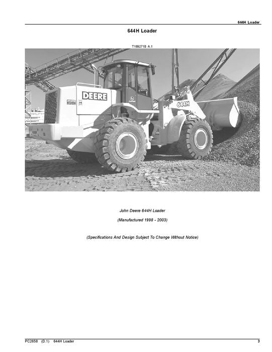 JOHN DEERE 644H LOADER PARTS CATALOG MANUAL