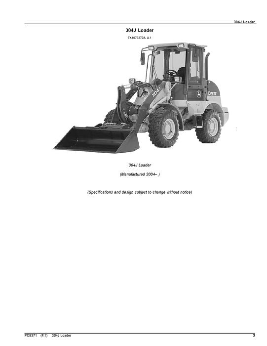 JOHN DEERE 304J LOADER PARTS CATALOG MANUAL