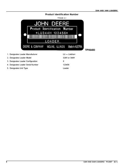 JOHN DEERE 324H 344H LOADER PARTS CATALOG MANUAL