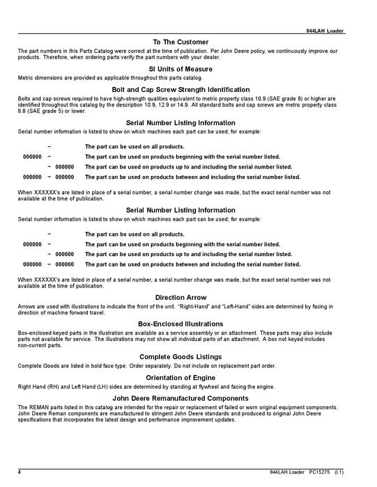 JOHN DEERE 844LAN LOADER PARTS CATALOG MANUAL