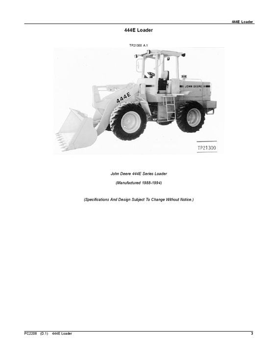 JOHN DEERE 444E LOADER PARTS CATALOG MANUAL