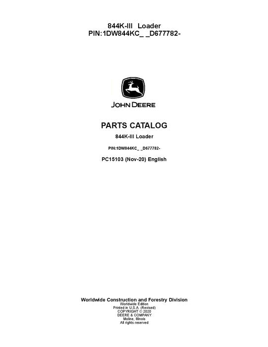 JOHN DEERE 844K SERIES III LOADER PARTS CATALOG MANUAL