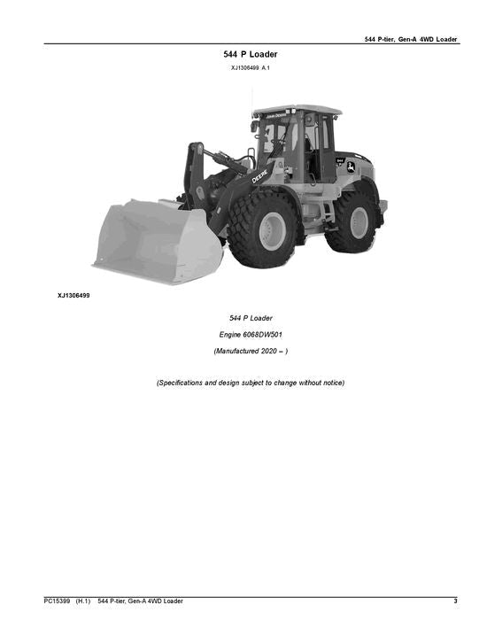 JOHN DEERE 544 P-TIER  LOADER PARTS CATALOG MANUAL