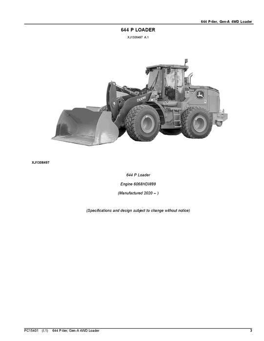 JOHN DEERE 644 P-TIER  LOADER PARTS CATALOG MANUAL