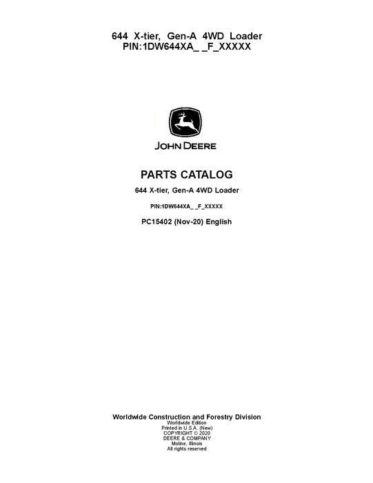 JOHN DEERE 644 X-TIER LOADER PARTS CATALOG MANUAL