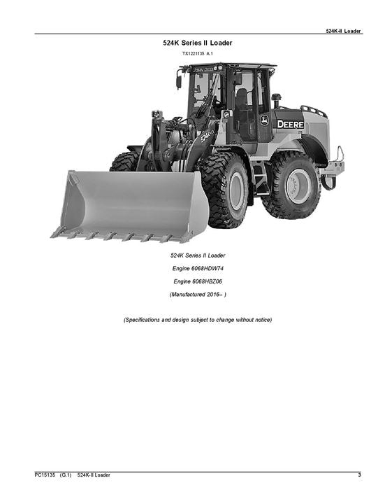 JOHN DEERE 524K SERIES II LOADER PARTS CATALOG MANUAL #1