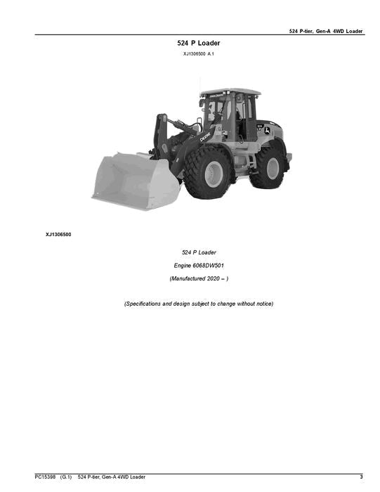 JOHN DEERE 524 P-TIER  LOADER PARTS CATALOG MANUAL